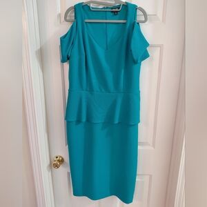 Nicole by Nicole Miller Teal Cold-Shoulder Peplum Midi Dress